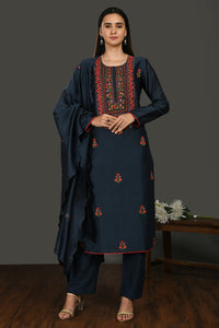 Buy navy blue embroidered chanderi cotton suit online in USA with dupatta. Dazzle on weddings and special occasions with exquisite Indian designer dresses, sharara suits, Anarkali suits, wedding lehengas from Pure Elegance Indian fashion store in USA.-full view
