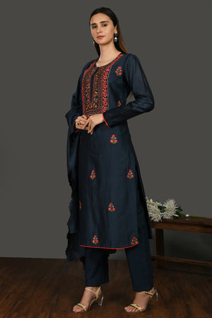 Buy navy blue embroidered chanderi cotton suit online in USA with dupatta. Dazzle on weddings and special occasions with exquisite Indian designer dresses, sharara suits, Anarkali suits, wedding lehengas from Pure Elegance Indian fashion store in USA.-left