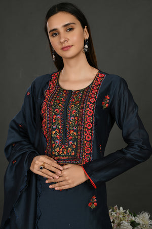 Buy navy blue embroidered chanderi cotton suit online in USA with dupatta. Dazzle on weddings and special occasions with exquisite Indian designer dresses, sharara suits, Anarkali suits, wedding lehengas from Pure Elegance Indian fashion store in USA.-closeup