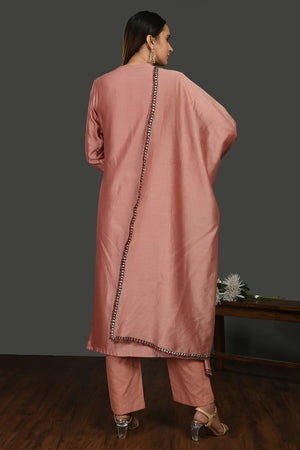Shop pink embroidered chanderi suit online in USA with dupatta. Dazzle on weddings and special occasions with exquisite Indian designer dresses, sharara suits, Anarkali suits, wedding lehengas from Pure Elegance Indian fashion store in USA.-back