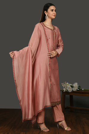 Shop pink embroidered chanderi suit online in USA with dupatta. Dazzle on weddings and special occasions with exquisite Indian designer dresses, sharara suits, Anarkali suits, wedding lehengas from Pure Elegance Indian fashion store in USA.-right