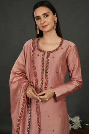 Shop pink embroidered chanderi suit online in USA with dupatta. Dazzle on weddings and special occasions with exquisite Indian designer dresses, sharara suits, Anarkali suits, wedding lehengas from Pure Elegance Indian fashion store in USA.-closeup