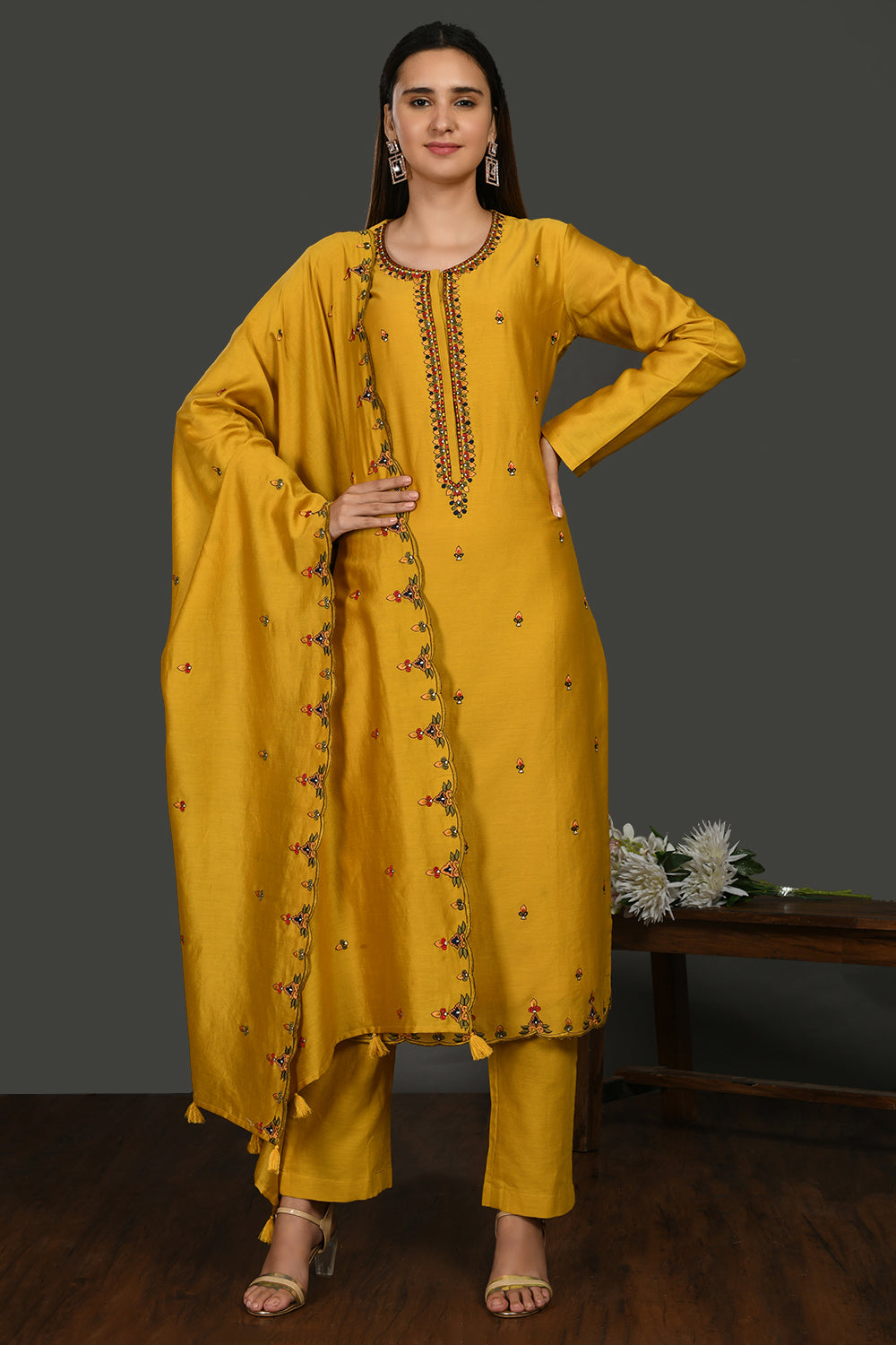 Shop mustard embroidered chanderi cotton suit online in USA with dupatta. Dazzle on weddings and special occasions with exquisite Indian designer dresses, sharara suits, Anarkali suits, wedding lehengas from Pure Elegance Indian fashion store in USA.-full view