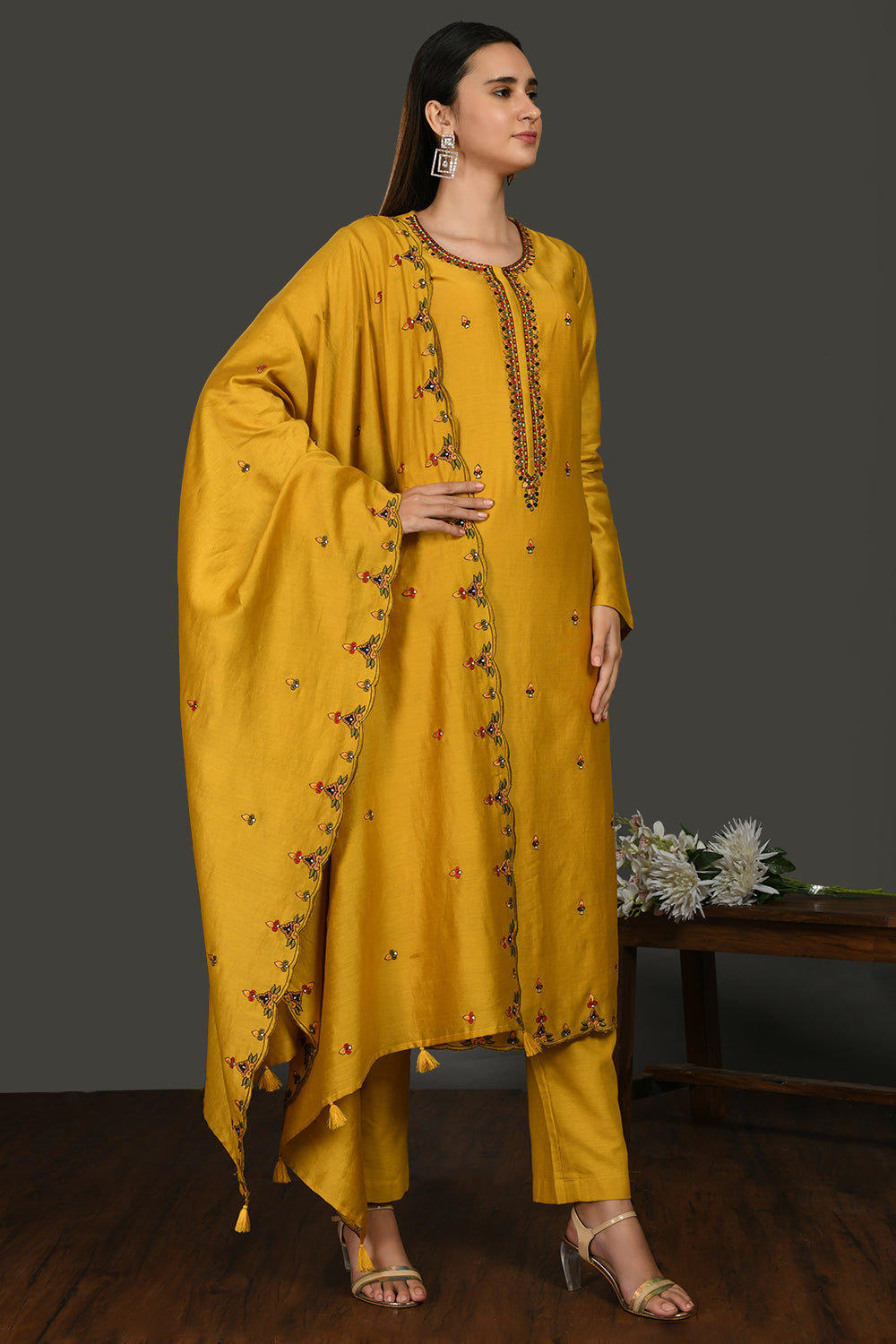 Shop mustard embroidered chanderi cotton suit online in USA with dupatta. Dazzle on weddings and special occasions with exquisite Indian designer dresses, sharara suits, Anarkali suits, wedding lehengas from Pure Elegance Indian fashion store in USA.-right