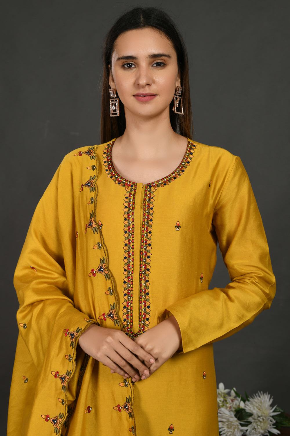 Shop mustard embroidered chanderi cotton suit online in USA with dupatta. Dazzle on weddings and special occasions with exquisite Indian designer dresses, sharara suits, Anarkali suits, wedding lehengas from Pure Elegance Indian fashion store in USA.-closeup