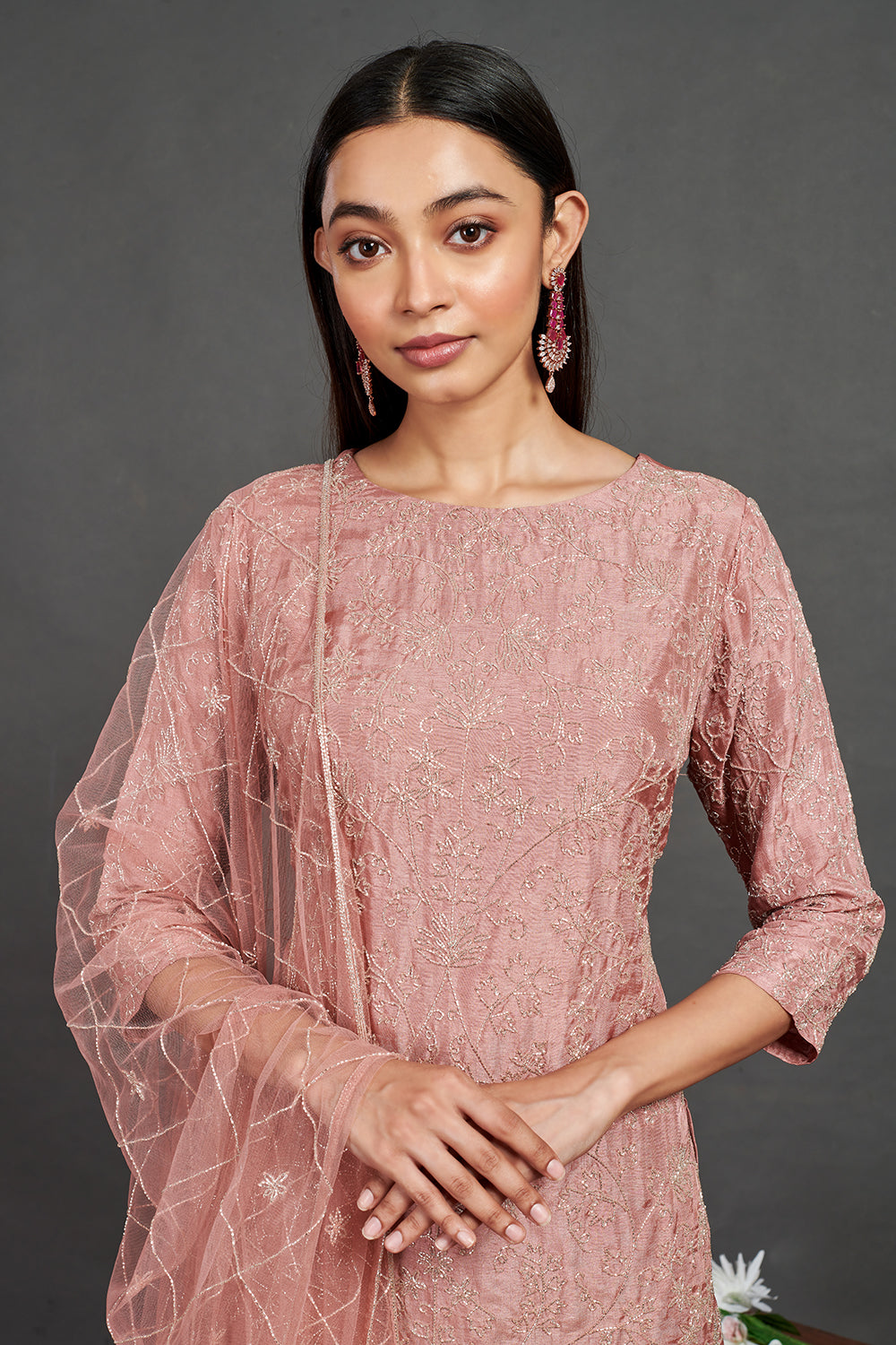 Shop stunning pink embroidered sharara suit online in USA with dupatta. Dazzle on weddings and special occasions with exquisite Indian designer dresses, sharara suits, Anarkali suits, wedding lehengas from Pure Elegance Indian fashion store in USA.-closeup