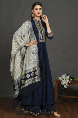 Shop navy blue embroidered Anarkali suit online in USA with grey dupatta. Dazzle on weddings and special occasions with exquisite Indian designer dresses, sharara suits, Anarkali suits, wedding lehengas from Pure Elegance Indian fashion store in USA.-dupatta