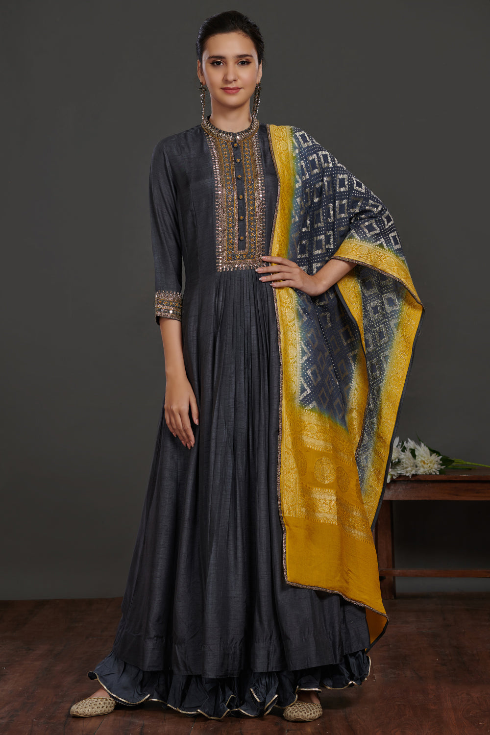 Buy grey embroidered Anarkali suit online in USA with grey yellow dupatta. Dazzle on weddings and special occasions with exquisite Indian designer dresses, sharara suits, Anarkali suits, wedding lehengas from Pure Elegance Indian fashion store in USA.-full view