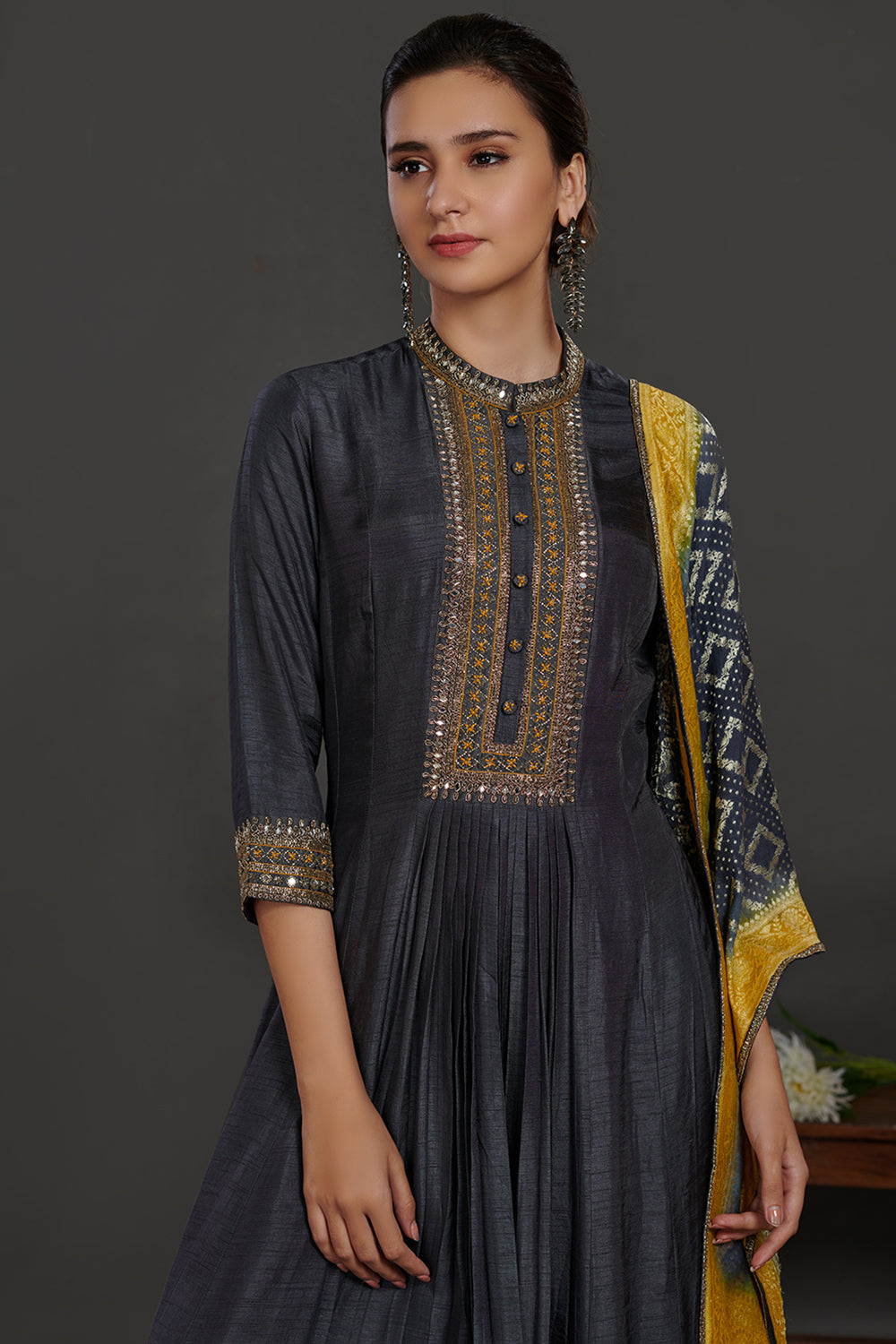 Buy grey embroidered Anarkali suit online in USA with grey yellow dupatta. Dazzle on weddings and special occasions with exquisite Indian designer dresses, sharara suits, Anarkali suits, wedding lehengas from Pure Elegance Indian fashion store in USA.-closeup