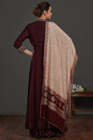 Shop wine color embroidered Anarkali suit online in USA with pink dupatta. Dazzle on weddings and special occasions with exquisite Indian designer dresses, sharara suits, Anarkali suits, wedding lehengas from Pure Elegance Indian fashion store in USA.-back