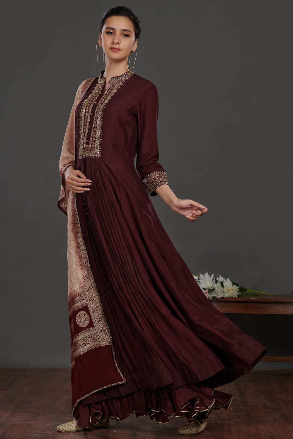 Shop wine color embroidered Anarkali suit online in USA with pink dupatta. Dazzle on weddings and special occasions with exquisite Indian designer dresses, sharara suits, Anarkali suits, wedding lehengas from Pure Elegance Indian fashion store in USA.-full view