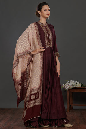 Shop wine color embroidered Anarkali suit online in USA with pink dupatta. Dazzle on weddings and special occasions with exquisite Indian designer dresses, sharara suits, Anarkali suits, wedding lehengas from Pure Elegance Indian fashion store in USA.-right