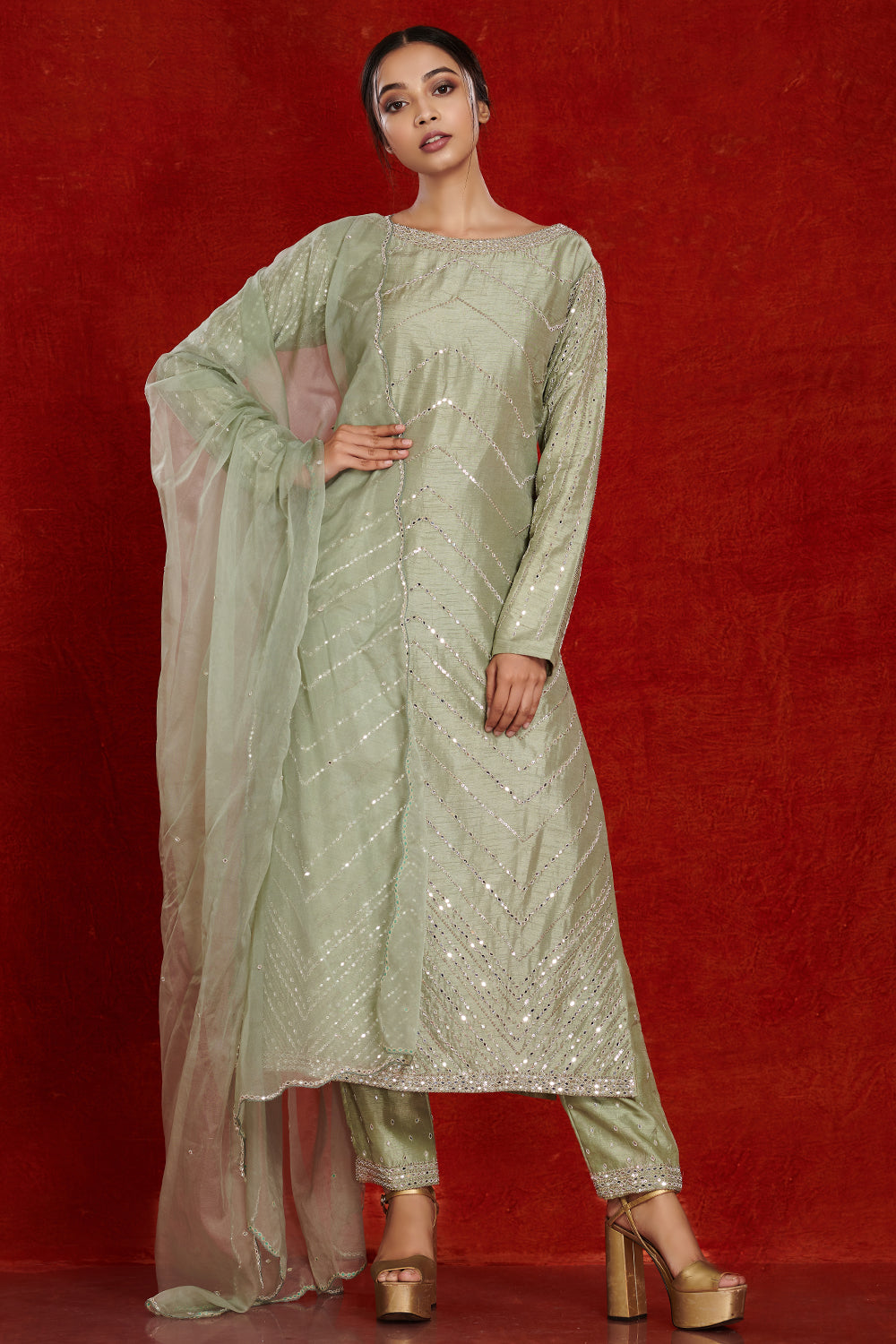 Buy sage green embellished silk kurta with pants online in USA. Dazzle on weddings and special occasions with exquisite Indian designer dresses, sharara suits, Anarkali suits, wedding lehengas from Pure Elegance Indian fashion store in USA.-full view