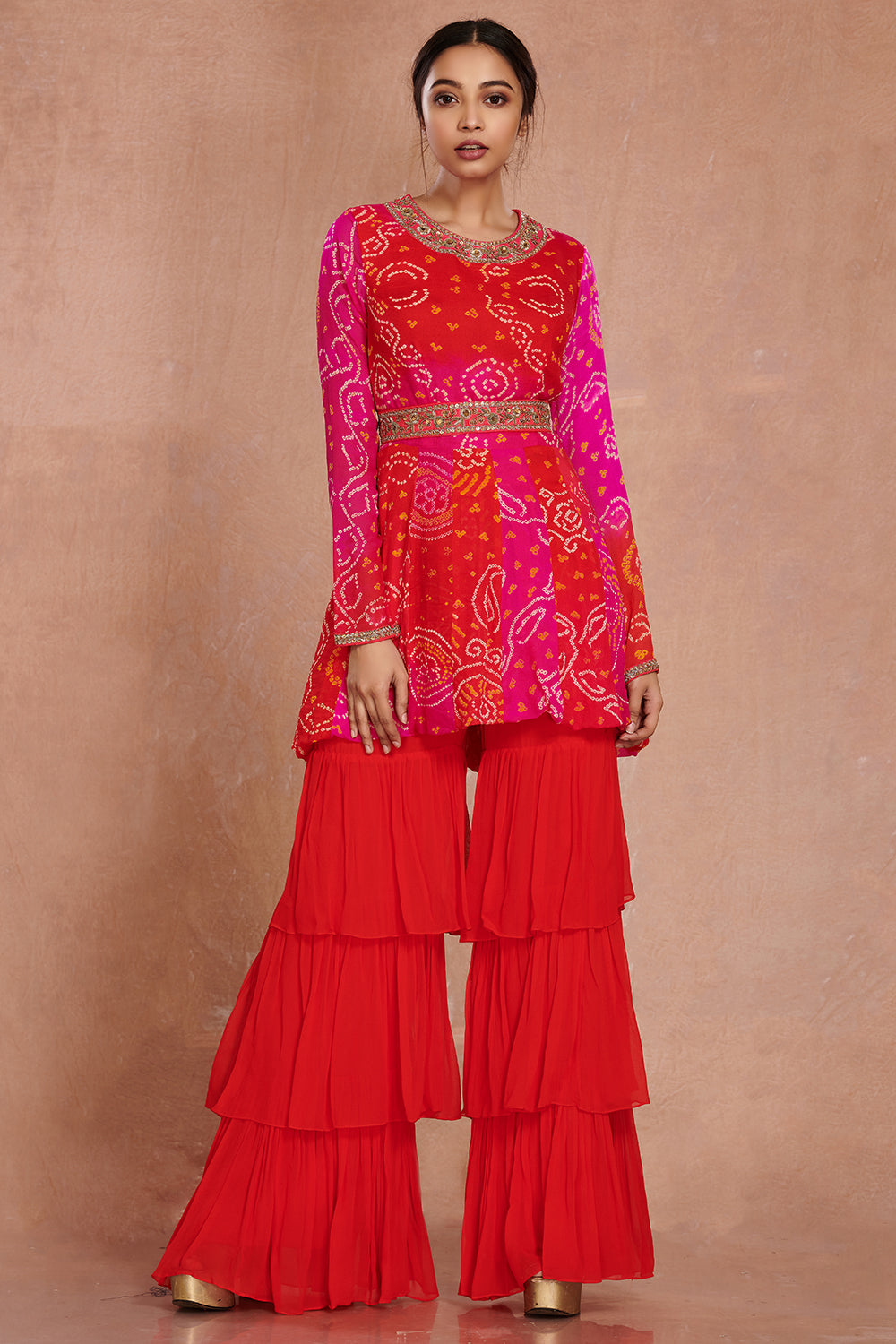 Buy red pink bandhej georgette sharara suit online in USA with sequin belt. Dazzle on weddings and special occasions with exquisite Indian designer dresses, sharara suits, Anarkali suits, wedding lehengas from Pure Elegance Indian fashion store in USA.-full view