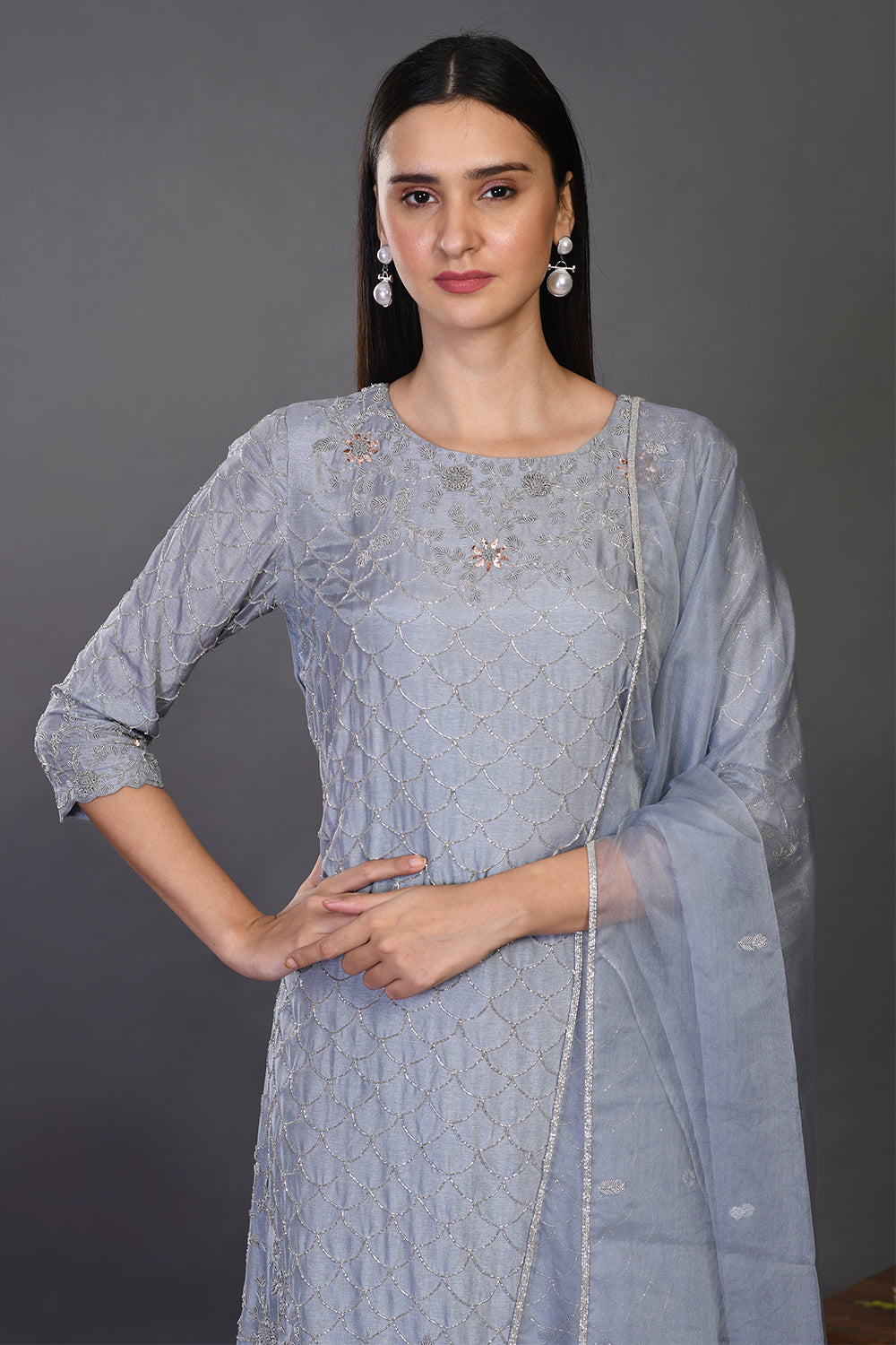 Buy stunning doctor blue embroidered silk sharara suit online in USA. Dazzle on weddings and special occasions with exquisite Indian designer dresses, sharara suits, Anarkali suits, wedding lehengas from Pure Elegance Indian fashion store in USA.-closeup
