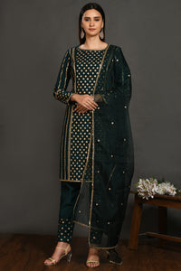 Shop stunning bottle green cutdana, sequin and zari work silk suit online in USA. Dazzle on weddings and special occasions with exquisite Indian designer dresses, sharara suits, Anarkali suits, wedding lehengas from Pure Elegance Indian fashion store in USA.-full view