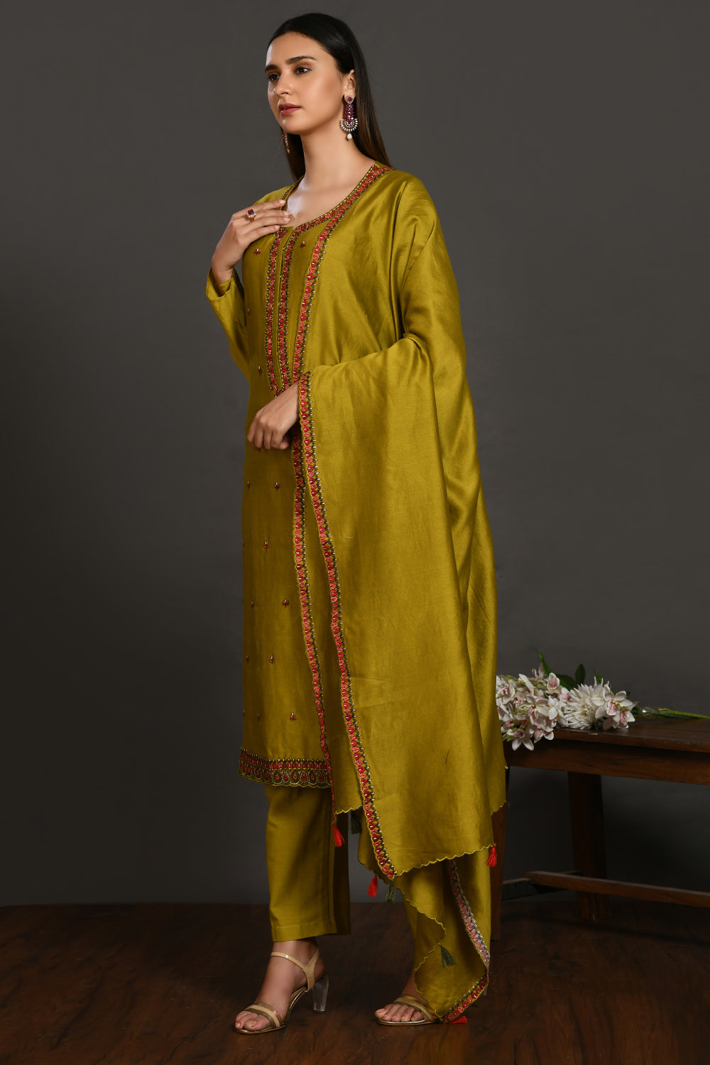 Buy mehendi green resham work chanderi suit online in USA with dupatta. Dazzle on weddings and special occasions with exquisite Indian designer dresses, sharara suits, Anarkali suits, wedding lehengas from Pure Elegance Indian fashion store in USA.-suit