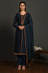 Shop navy blue resham work chanderi suit online in USA with dupatta. Dazzle on weddings and special occasions with exquisite Indian designer dresses, sharara suits, Anarkali suits, wedding lehengas from Pure Elegance Indian fashion store in USA.-full view