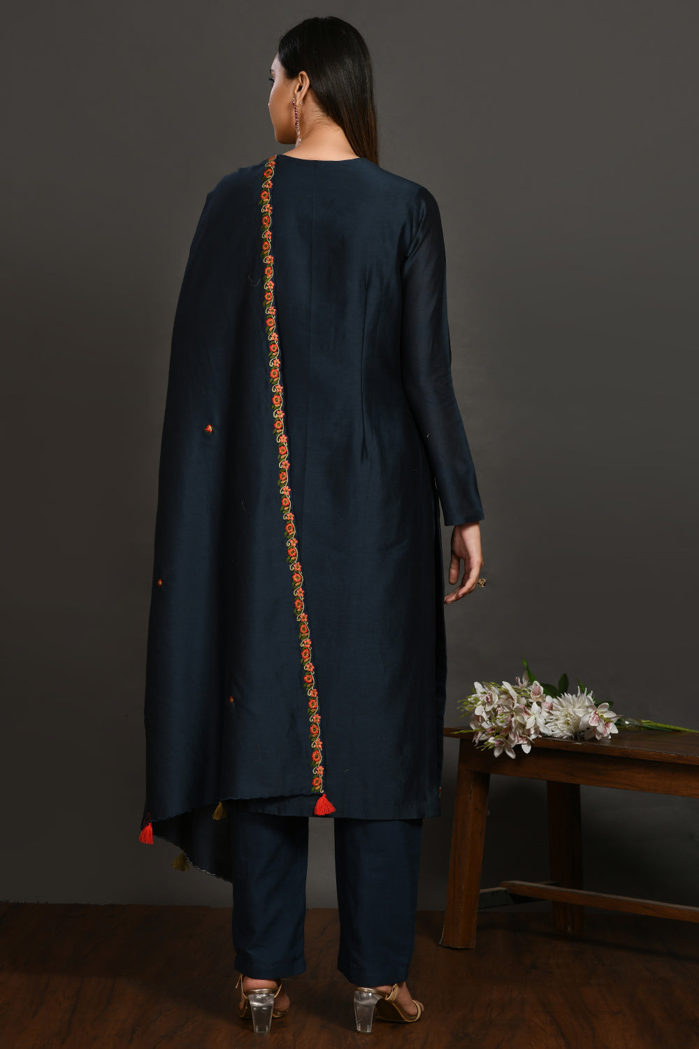 Shop navy blue resham work chanderi suit online in USA with dupatta. Dazzle on weddings and special occasions with exquisite Indian designer dresses, sharara suits, Anarkali suits, wedding lehengas from Pure Elegance Indian fashion store in USA.-back