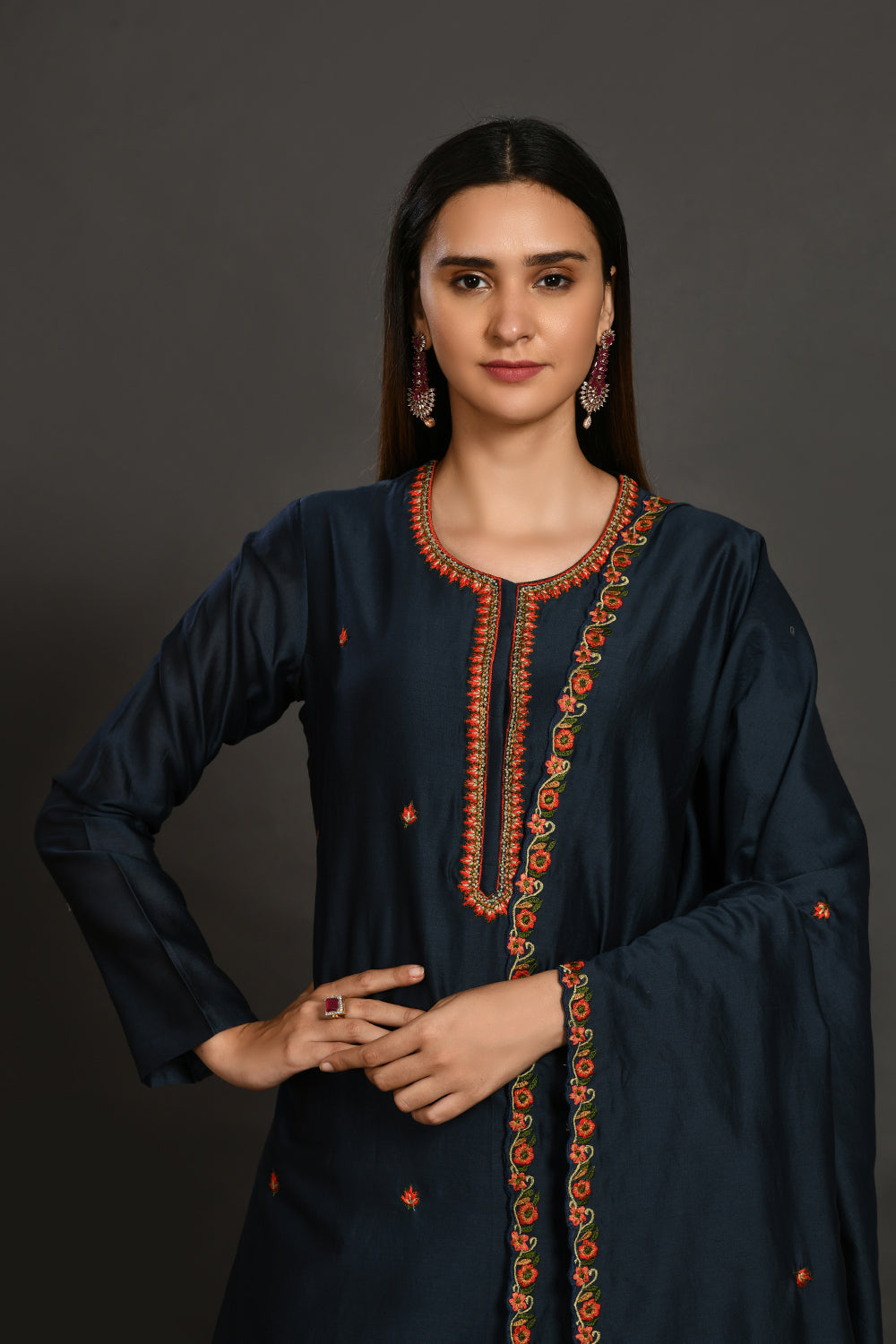 Shop navy blue resham work chanderi suit online in USA with dupatta. Dazzle on weddings and special occasions with exquisite Indian designer dresses, sharara suits, Anarkali suits, wedding lehengas from Pure Elegance Indian fashion store in USA.-closeup