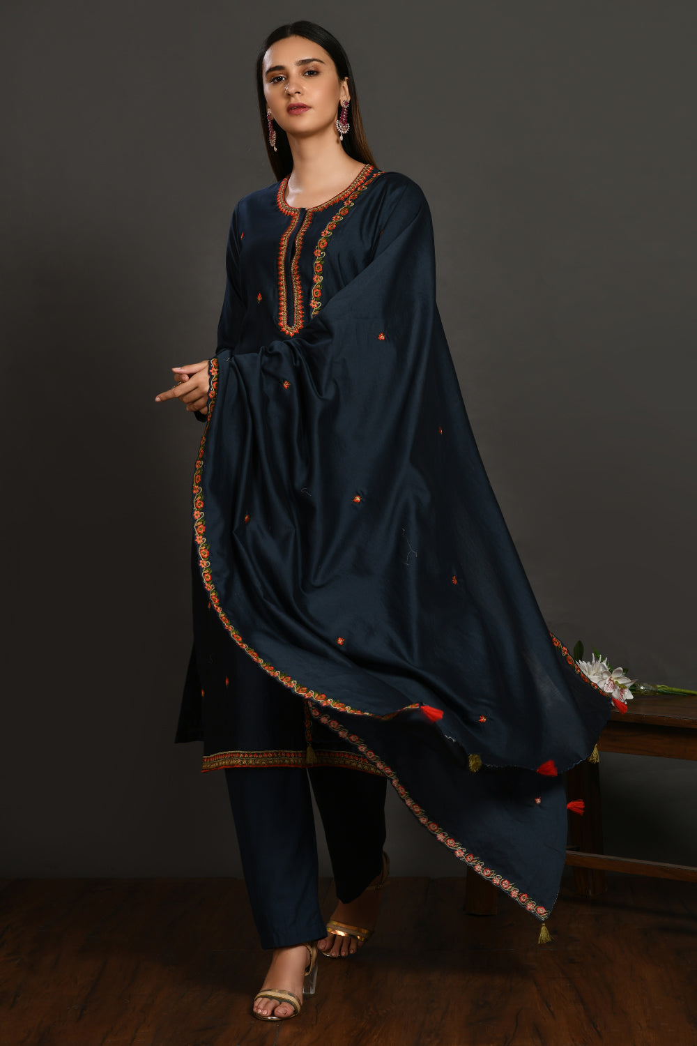 Shop navy blue resham work chanderi suit online in USA with dupatta. Dazzle on weddings and special occasions with exquisite Indian designer dresses, sharara suits, Anarkali suits, wedding lehengas from Pure Elegance Indian fashion store in USA.-dupatta