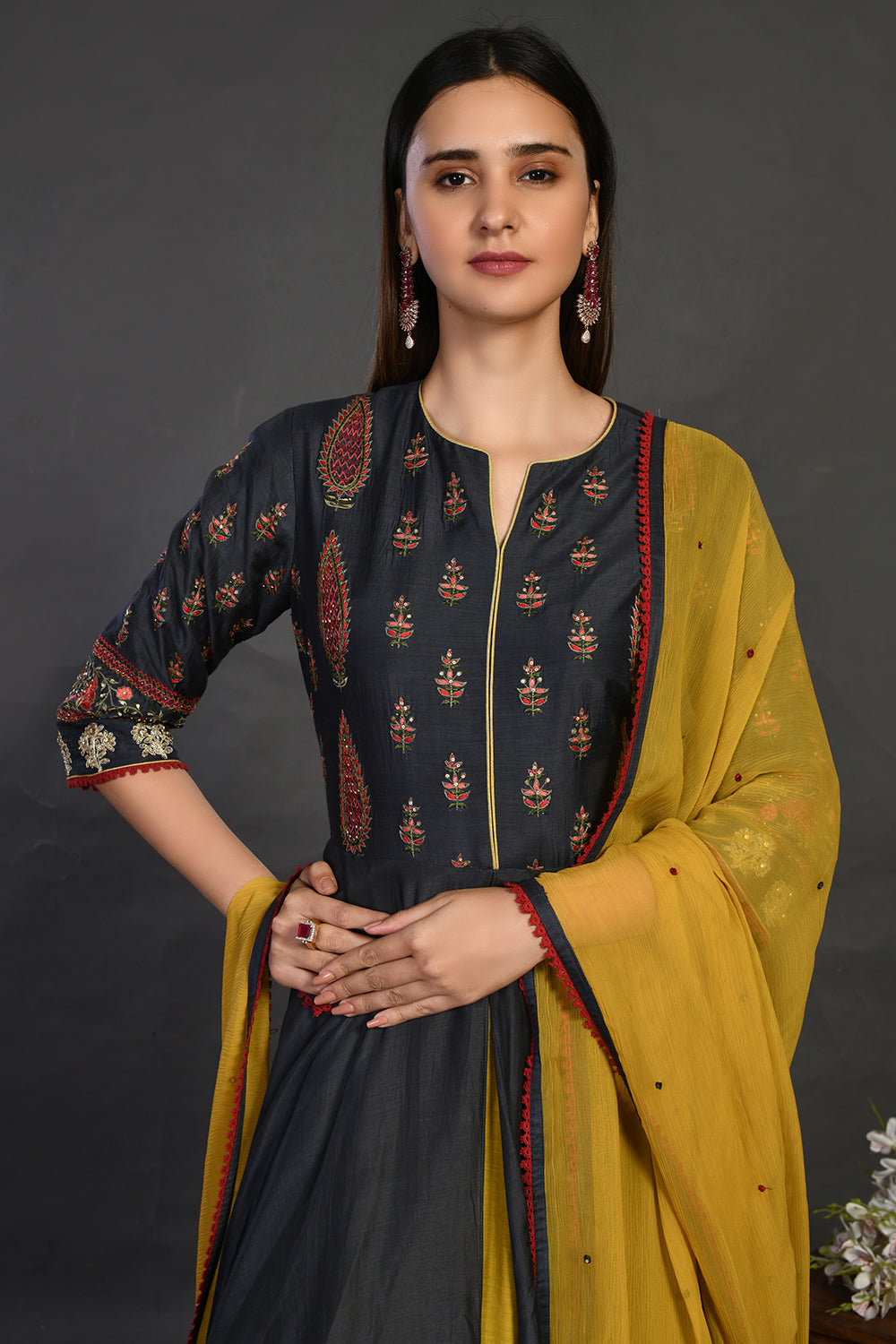 Buy grey stone work Anarkali suit online in USA with yellow dupatta. Dazzle on weddings and special occasions with exquisite Indian designer dresses, sharara suits, Anarkali suits, wedding lehengas from Pure Elegance Indian fashion store in USA.-closeup