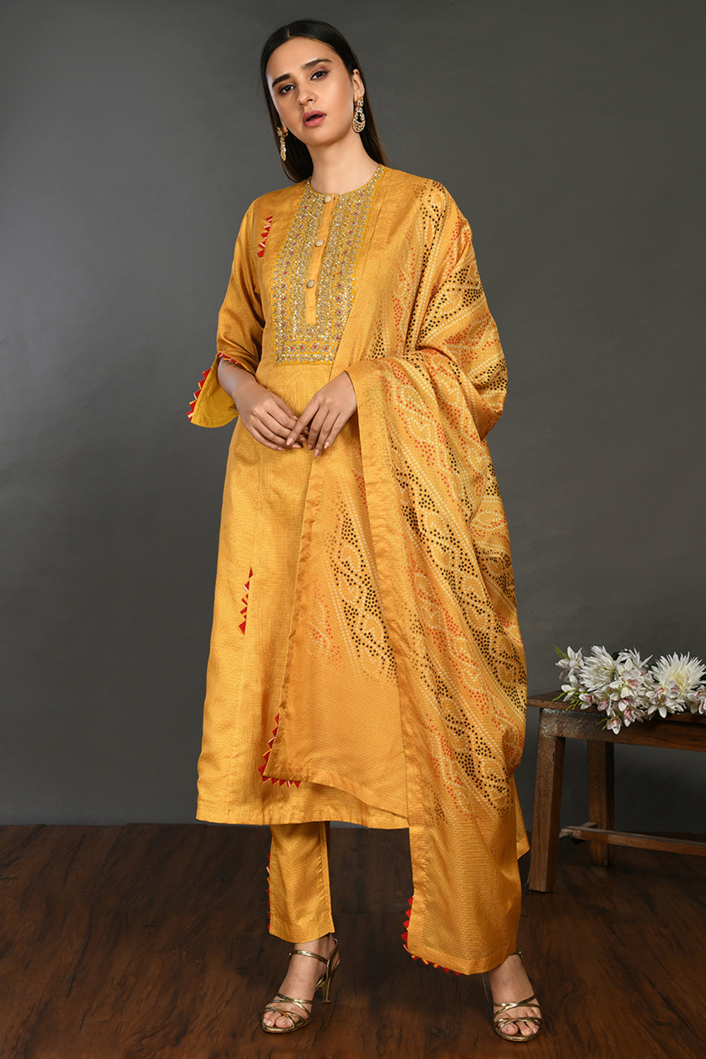 Buy yellow embroidered straight kurta set online in USA with dupatta. Dazzle on weddings and special occasions with exquisite Indian designer dresses, sharara suits, Anarkali suits, wedding lehengas from Pure Elegance Indian fashion store in USA.-full view