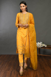Shop yellow zardozi work Mysore silk suit online in USA with dupatta. Dazzle on weddings and special occasions with exquisite Indian designer dresses, sharara suits, Anarkali suits, wedding lehengas from Pure Elegance Indian fashion store in USA.-full view