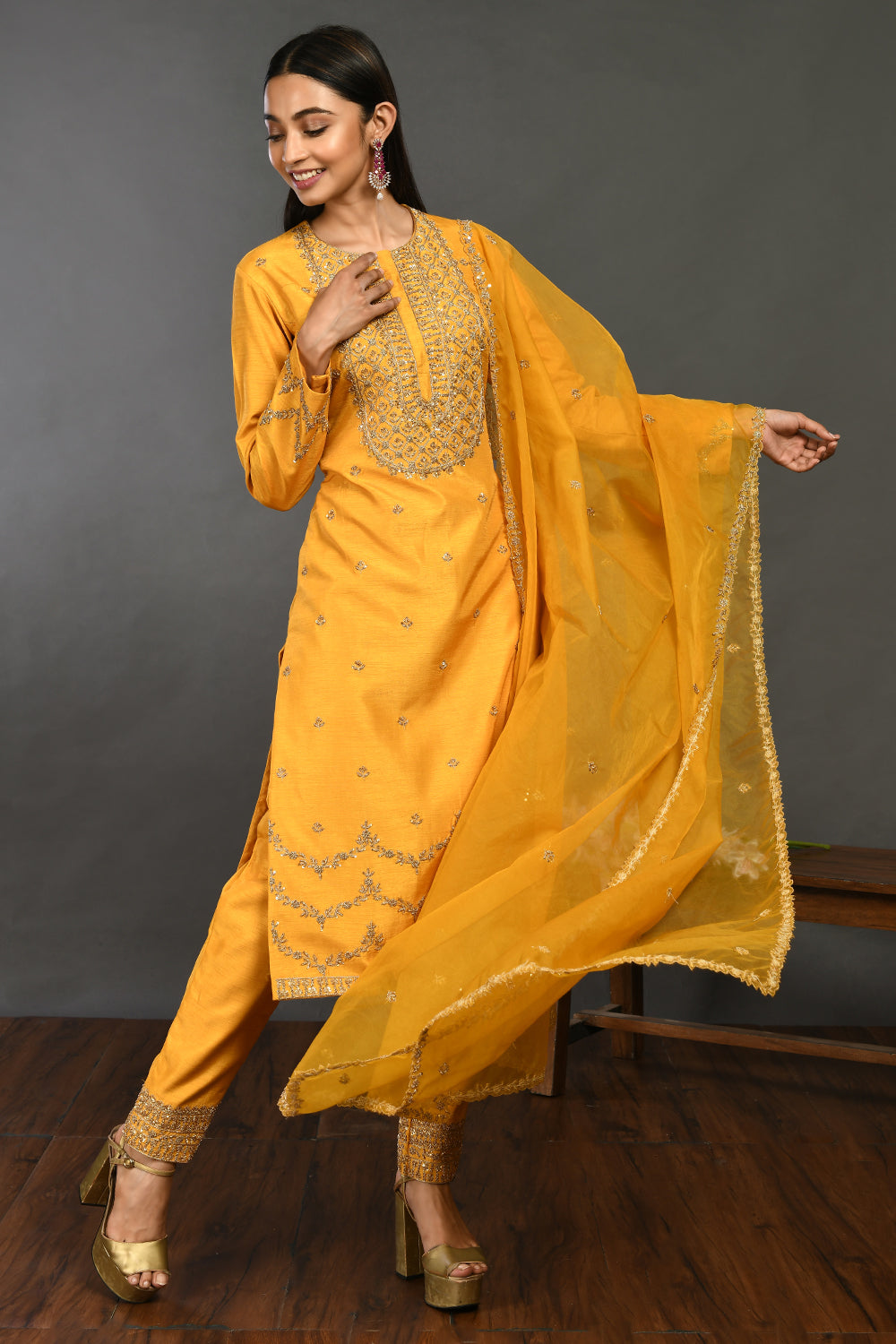 Shop yellow zardozi work Mysore silk suit online in USA with dupatta. Dazzle on weddings and special occasions with exquisite Indian designer dresses, sharara suits, Anarkali suits, wedding lehengas from Pure Elegance Indian fashion store in USA.-front