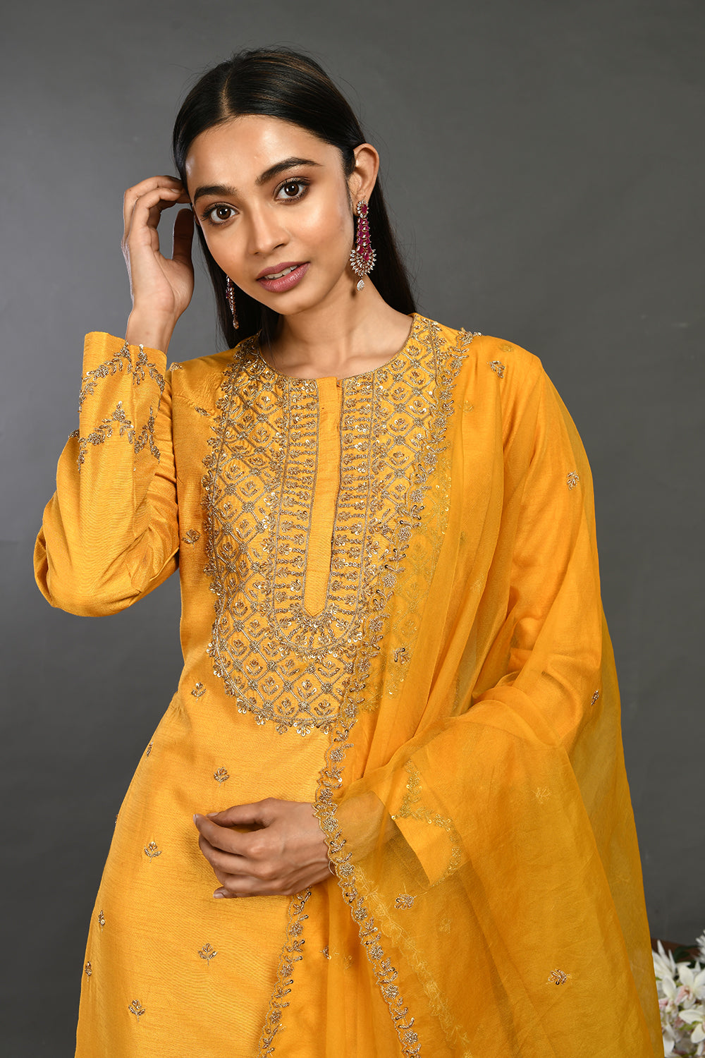 Shop yellow zardozi work Mysore silk suit online in USA with dupatta. Dazzle on weddings and special occasions with exquisite Indian designer dresses, sharara suits, Anarkali suits, wedding lehengas from Pure Elegance Indian fashion store in USA.-closeup