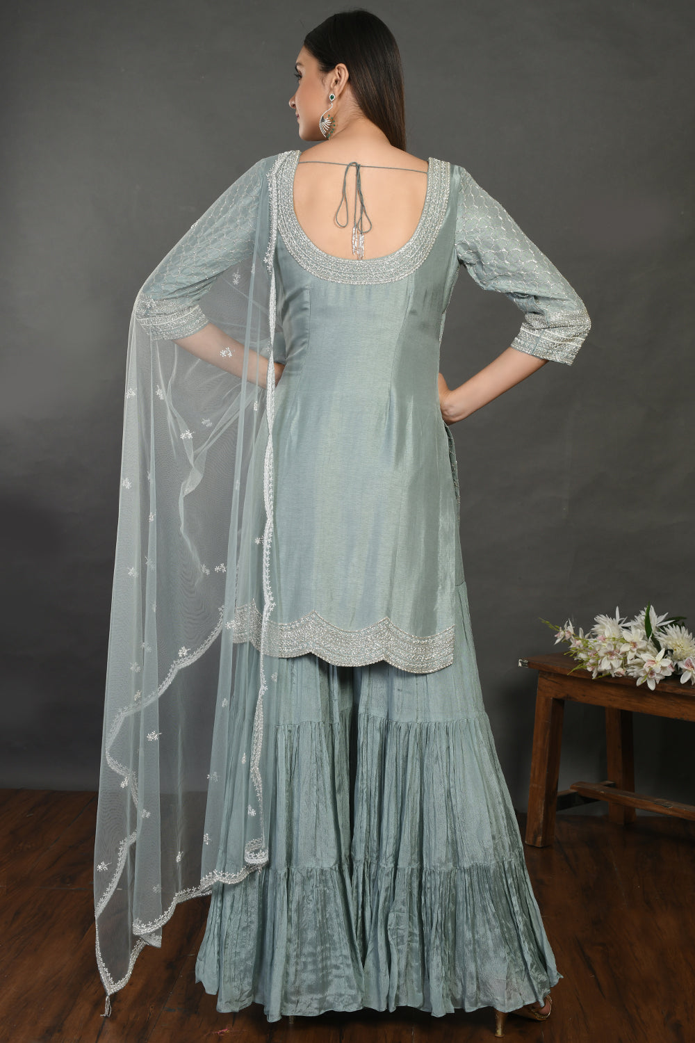 Shop doctor blue embroidered sharara suit online in USA with dupatta. Dazzle on weddings and special occasions with exquisite Indian designer dresses, sharara suits, Anarkali suits, wedding lehengas from Pure Elegance Indian fashion store in USA.-back