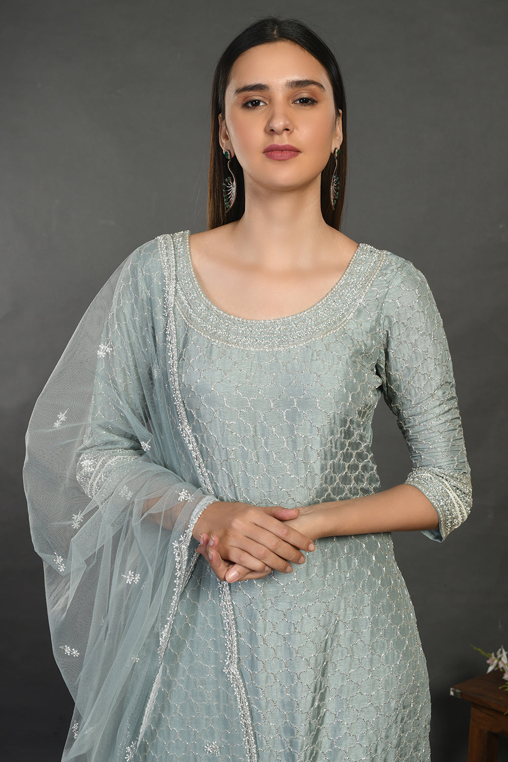 Shop doctor blue embroidered sharara suit online in USA with dupatta. Dazzle on weddings and special occasions with exquisite Indian designer dresses, sharara suits, Anarkali suits, wedding lehengas from Pure Elegance Indian fashion store in USA.-closeup