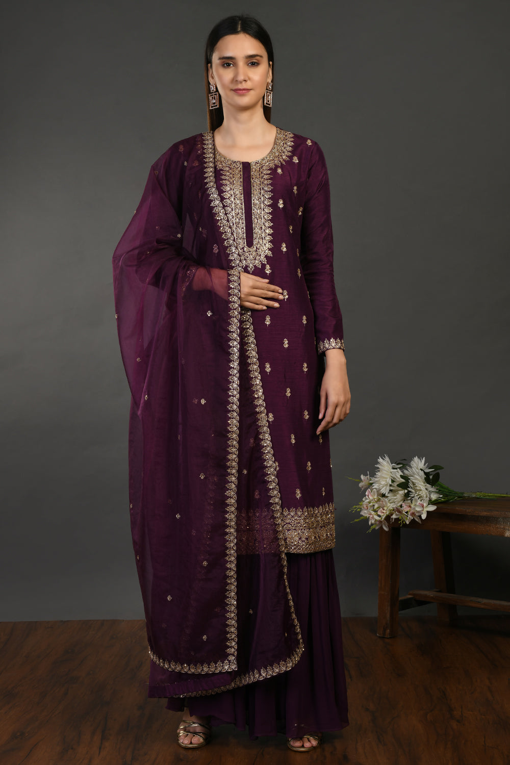 Shop wine hue zari work georgette suit online in USA with dupatta. Dazzle on weddings and special occasions with exquisite Indian designer dresses, sharara suits, Anarkali suits, wedding lehengas from Pure Elegance Indian fashion store in USA.-full view