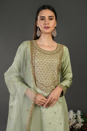 Buy sage green embroidered Mysore silk sharara suit online in USA with dupatta. Dazzle on weddings and special occasions with exquisite Indian designer dresses, sharara suits, Anarkali suits, wedding lehengas from Pure Elegance Indian fashion store in USA.-closeup