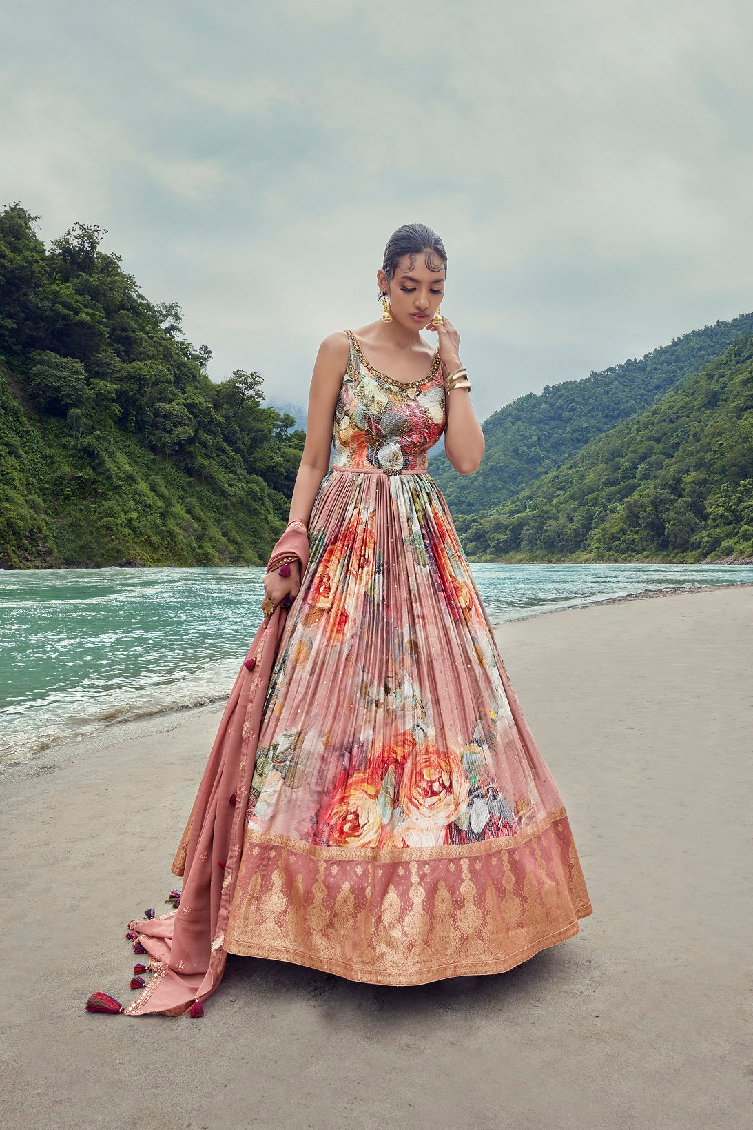 Buy a Beautiful peach floral self-embroidered georgette anarkali suit with a dupatta. Shop online from Pure Elegance. Dazzle on weddings and special occasions with exquisite Indian designer dresses, sharara suits, Anarkali suits, and wedding lehengas from Pure Elegance Indian fashion store in the USA.
