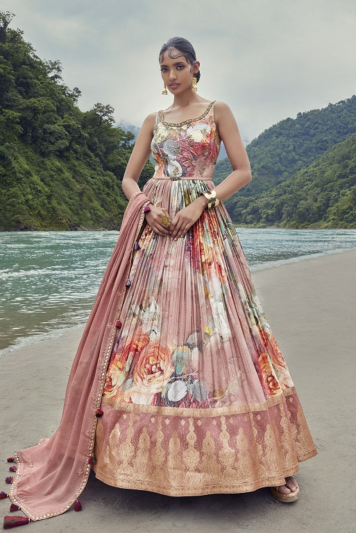 Buy a Beautiful peach floral self-embroidered georgette anarkali suit with a dupatta. Shop online from Pure Elegance. Dazzle on weddings and special occasions with exquisite Indian designer dresses, sharara suits, Anarkali suits, and wedding lehengas from Pure Elegance Indian fashion store in the USA.