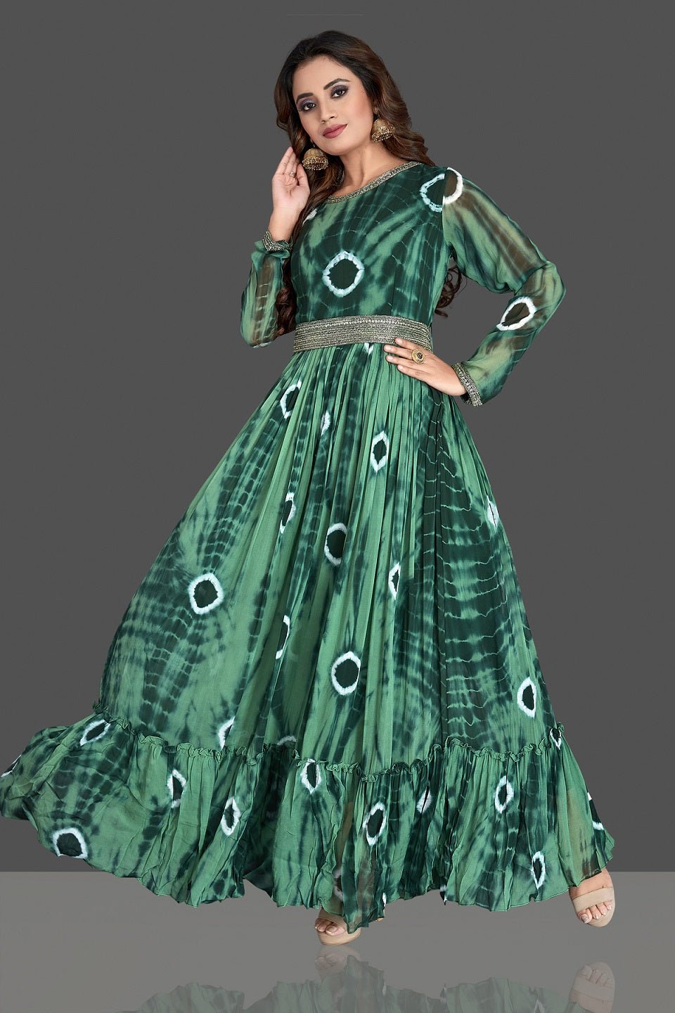 Buy stunning green bandhej georgette one piece dress online in USA. Elevate your Indian style with beautiful designer dresses, Indowestern outfits, designer salwar suits from Pure Elegance Indian fashion store in USA.-side