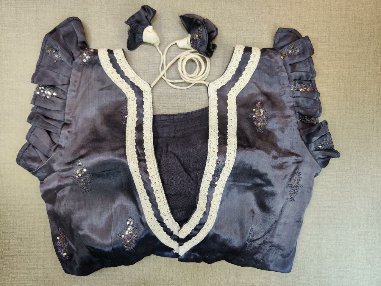 Buy stunning navy blue saree blouse online in USA with frill sleeves. Elevate your Indian ethnic saree looks with beautiful readymade saree blouse, embroidered saree blouses, Banarasi saree blouse, designer sari blouses from Pure Elegance Indian fashion store in USA.-back