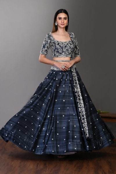 30Z138-RO navy blue silk Lehenga with dupatta and belt