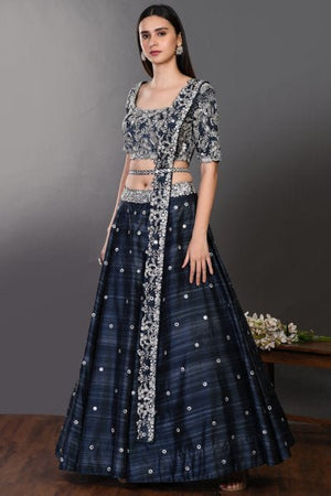 30Z138-RO navy blue silk Lehenga with dupatta and belt