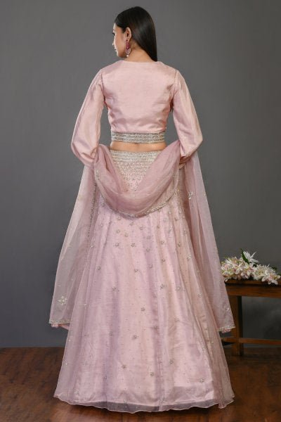 Buy beautiful pink organza lehenga online in USA with dupatta. Shop beautiful designer lehengas, wedding lehengas, Indian dresses, designer suits for special occasions from Pure Elegance Indian clothing store in USA.-back
