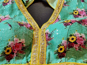Shop mint green floral sari blouse online in USA with yellow embroidered lace. Elevate your ethnic sari style with a stunning collection of designer saree blouses, embroidered saree blouses, Banarasi sari blouse, silk sari blouse from Pure Elegance Indian clothing store in USA.-front