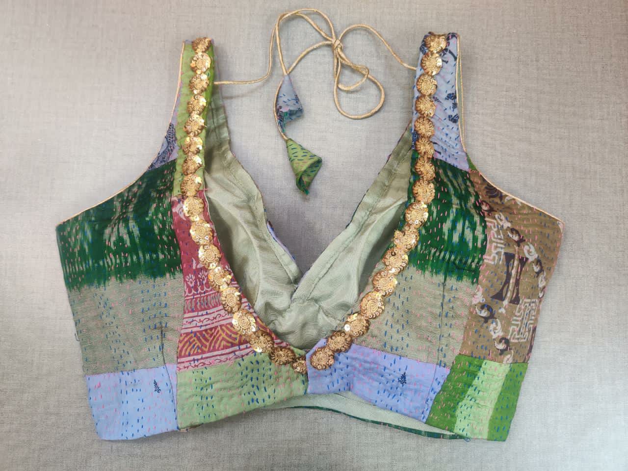 Shop gorgeous multicolor patch work embroidered Kantha sari blouse online in USA. Elevate your Indian ethnic saree looks with beautiful readymade saree blouse, embroidered saree blouses, Banarasi saree blouse, designer sari blouse from Pure Elegance Indian fashion store in USA.-back