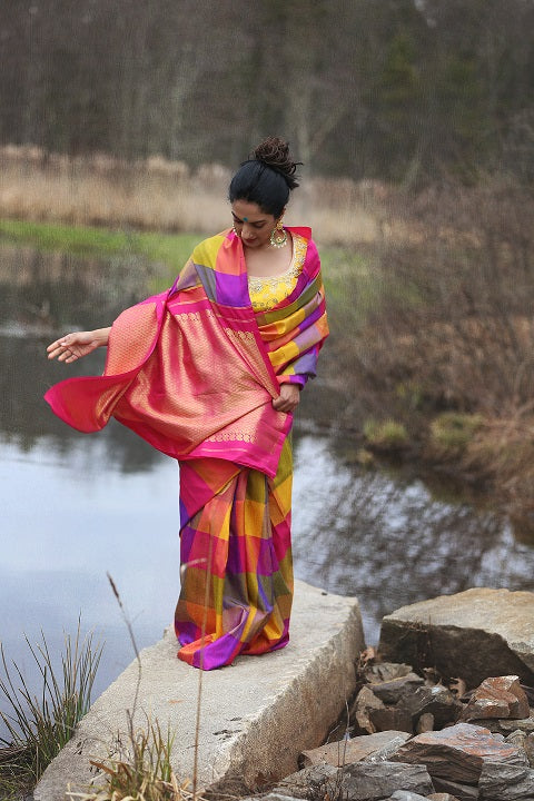 Shop multicolor check Kanjivaram sari online in USA with zari buta and zari pallu. Enhance your ethnic look with beautiful Indian designer sarees from Pure Elegance. Shop from a splendid collection of Banarasi sarees, traditional silk saris, Kanchipuram sarees from our exclusive Indian clothing store in USA.-front