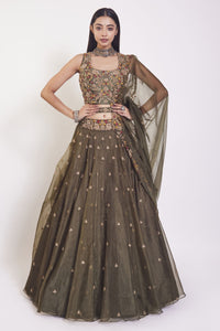 30Z108-RO Olive Green organza Lehenga with dupatta