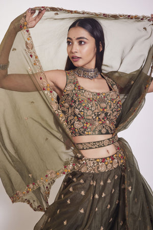 30Z108-RO Olive Green organza Lehenga with dupatta