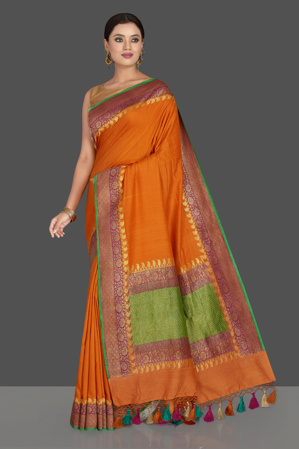 Buy beautiful mustard color muga Banarasi sari online in USA with antique zari purple border. Keep it elegant with Muga silk sarees, Banarasi silk sarees, handwoven sarees from Pure Elegance Indian fashion boutique in USA. We bring a especially curated collection of ethnic sarees for Indian women in USA under one roof!-full view