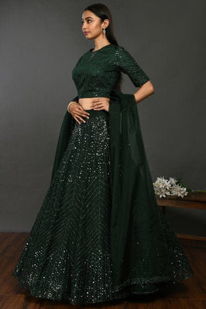 30Z161-RO bottle green organza Lehenga with dupatta