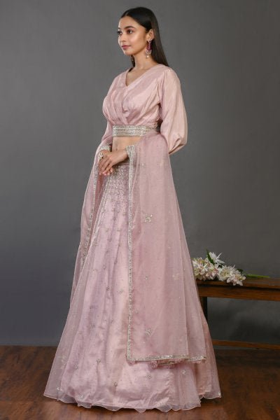Buy beautiful pink organza lehenga online in USA with dupatta. Shop beautiful designer lehengas, wedding lehengas, Indian dresses, designer suits for special occasions from Pure Elegance Indian clothing store in USA.-lehenga
