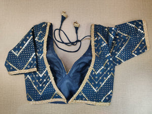 Buy stunning dark blue sequin embroidery sari blouse online in USA. Elevate your Indian ethnic saree looks with beautiful readymade saree blouse, embroidered sari blouses, Banarasi saree blouse, designer sari from Pure Elegance Indian fashion store in USA.-back
